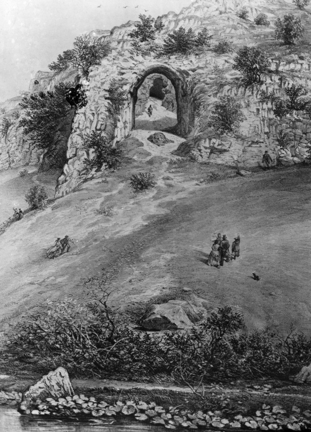 19th century engraving showing the steep path up to Reynard's Cave